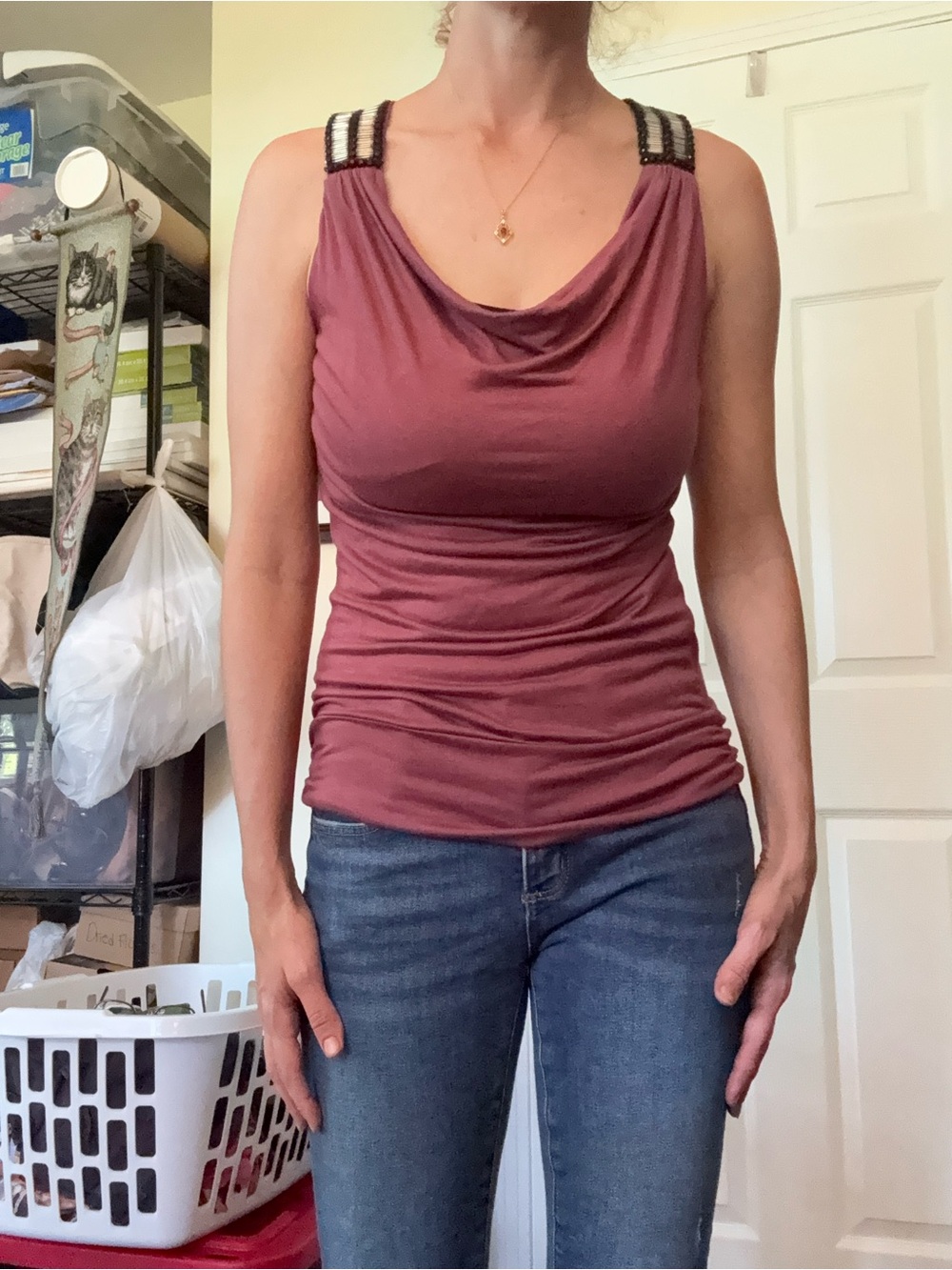 Deadstock Charlotte Russe Sleeveless Mauve Cowl Neck Tank with Beaded Straps